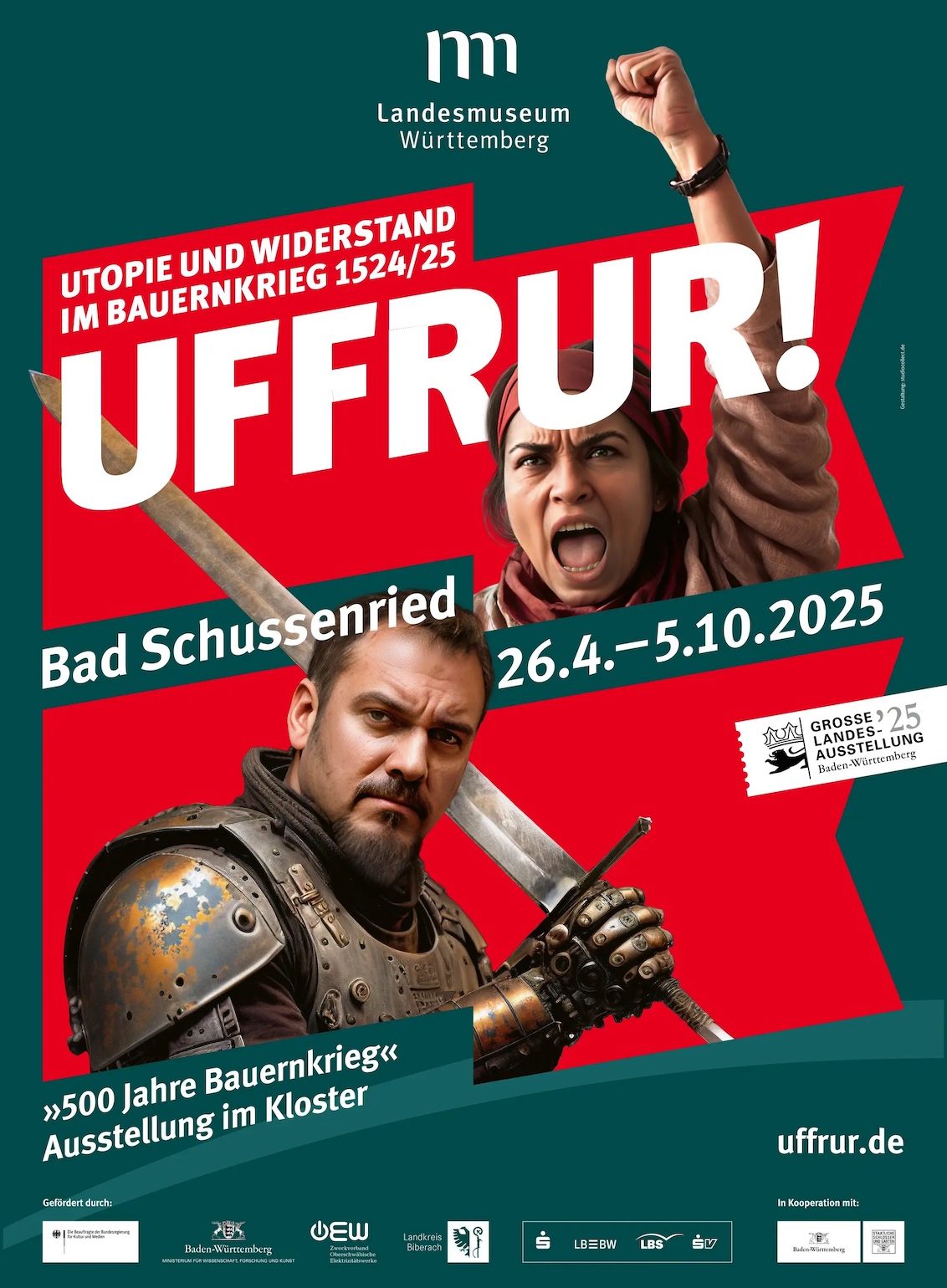 Ausstellungsplakat der Landesausstellung Uffrur! von 2025, eine Frau erhebt im Protest die Faust, ein Ritter sein Schwert. 