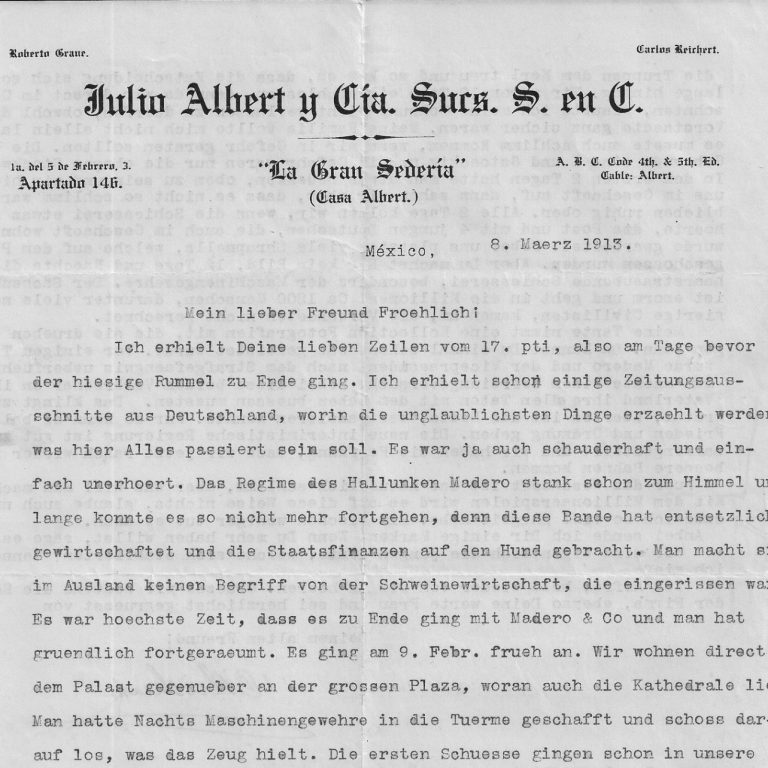 Ausschnitt eines Briefes und Briefkopfes von 'Carlos' Reichert aus Mexico an seinen Freund Adolf Fröhlich aus dem Jahr 1913, Schreibmaschine